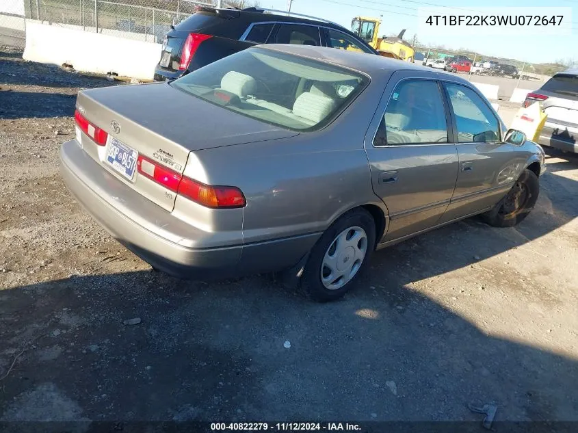 1998 Toyota Camry Le V6 VIN: 4T1BF22K3WU072647 Lot: 40822279