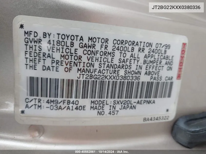 JT2BG22KXX0380336 1999 Toyota Camry Le/Xle