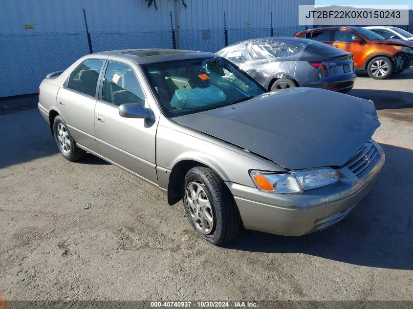 1999 Toyota Camry Le V6 VIN: JT2BF22K0X0150243 Lot: 40740937