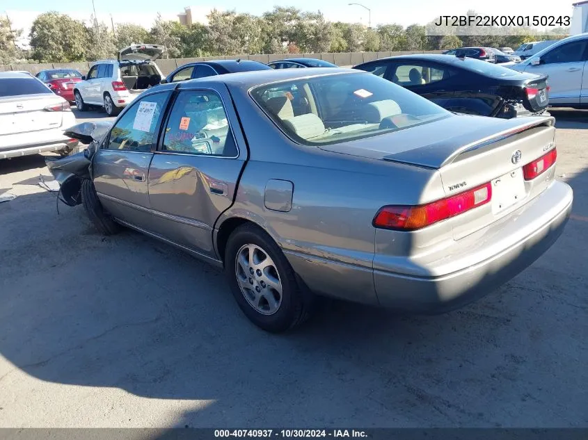 1999 Toyota Camry Le V6 VIN: JT2BF22K0X0150243 Lot: 40740937