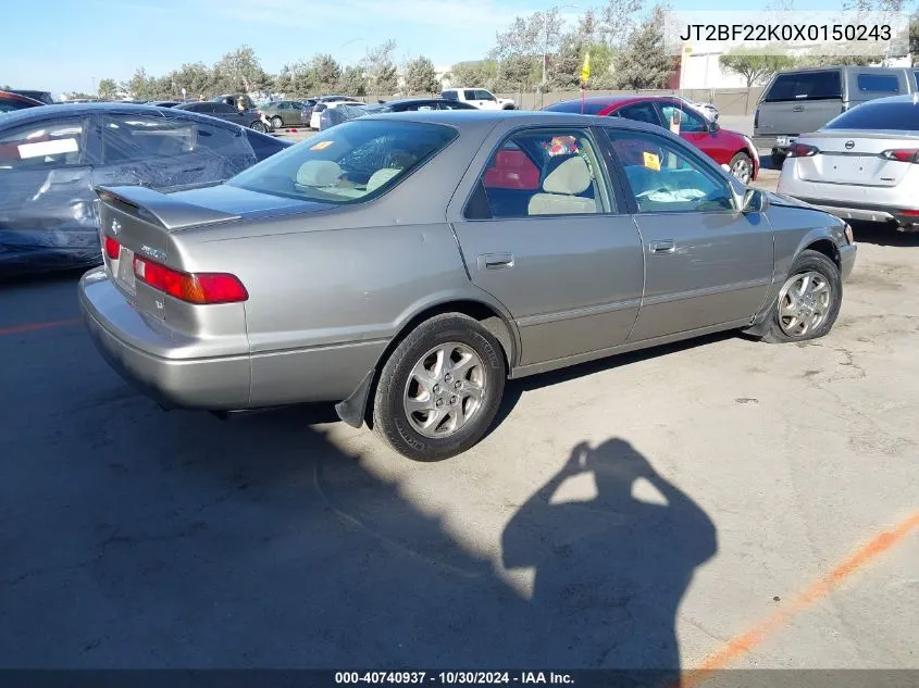 1999 Toyota Camry Le V6 VIN: JT2BF22K0X0150243 Lot: 40740937