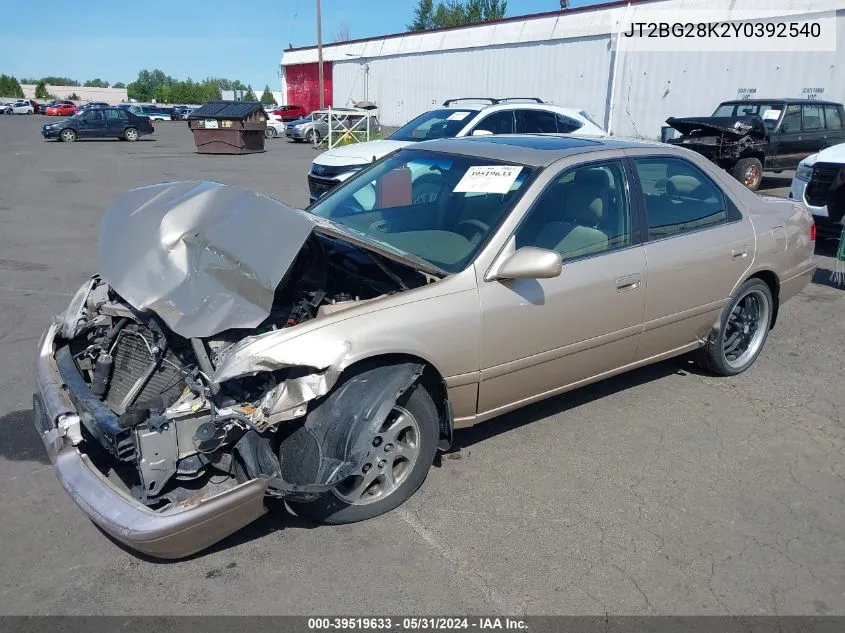 2000 Toyota Camry Le VIN: JT2BG28K2Y0392540 Lot: 39519633