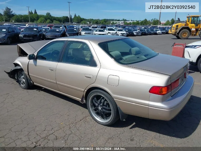 2000 Toyota Camry Le VIN: JT2BG28K2Y0392540 Lot: 39519633