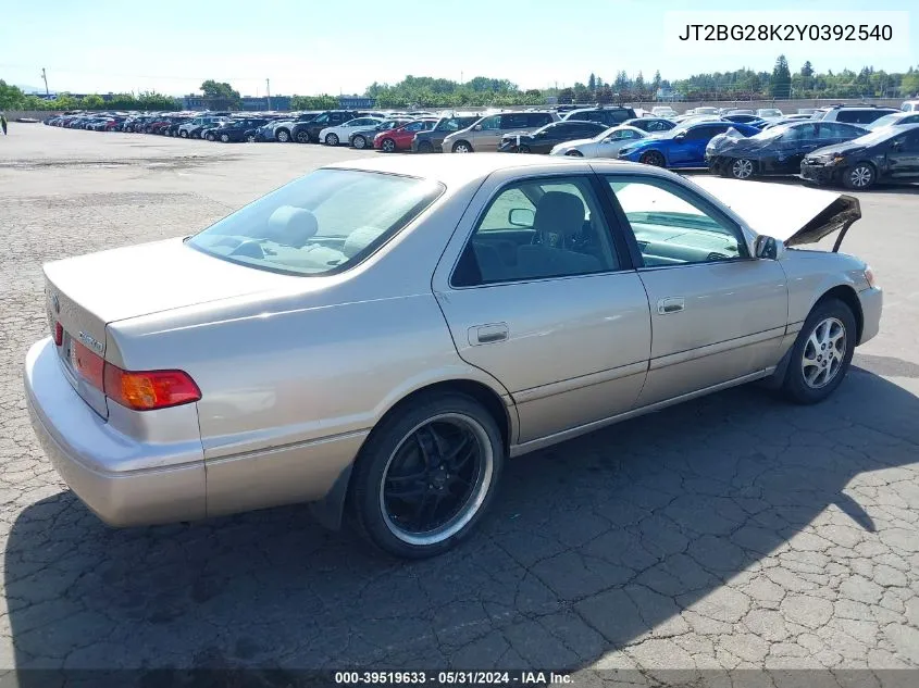 2000 Toyota Camry Le VIN: JT2BG28K2Y0392540 Lot: 39519633