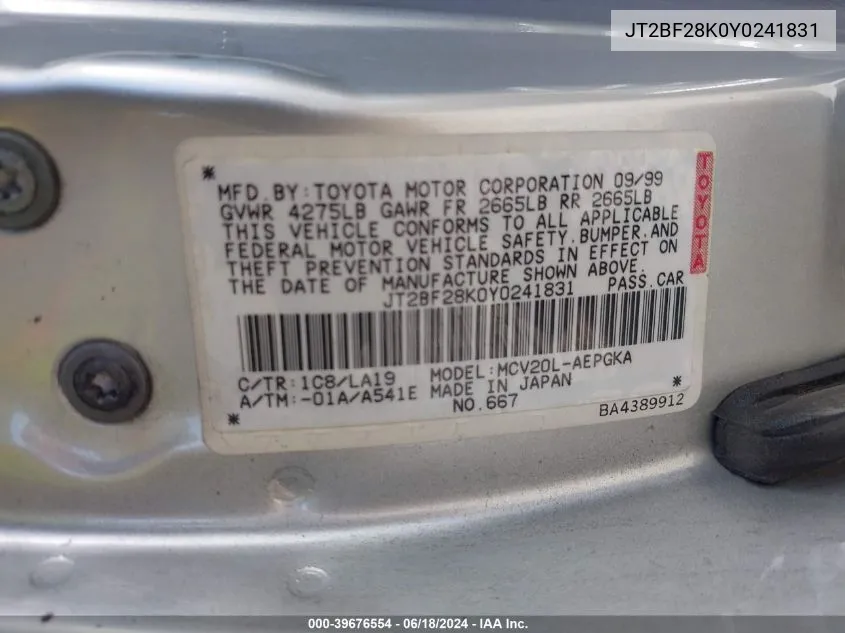 JT2BF28K0Y0241831 2000 Toyota Camry Xle V6