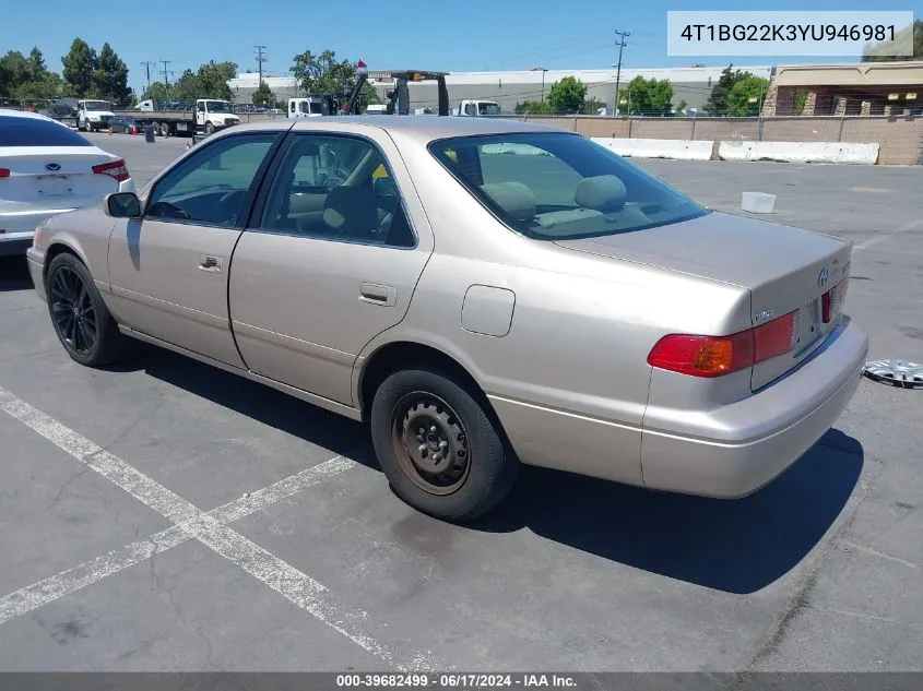 2000 Toyota Camry Le VIN: 4T1BG22K3YU946981 Lot: 39682499