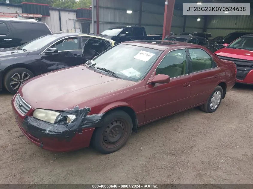 2000 Toyota Camry Le VIN: JT2BG22K0Y0524638 Lot: 40053646