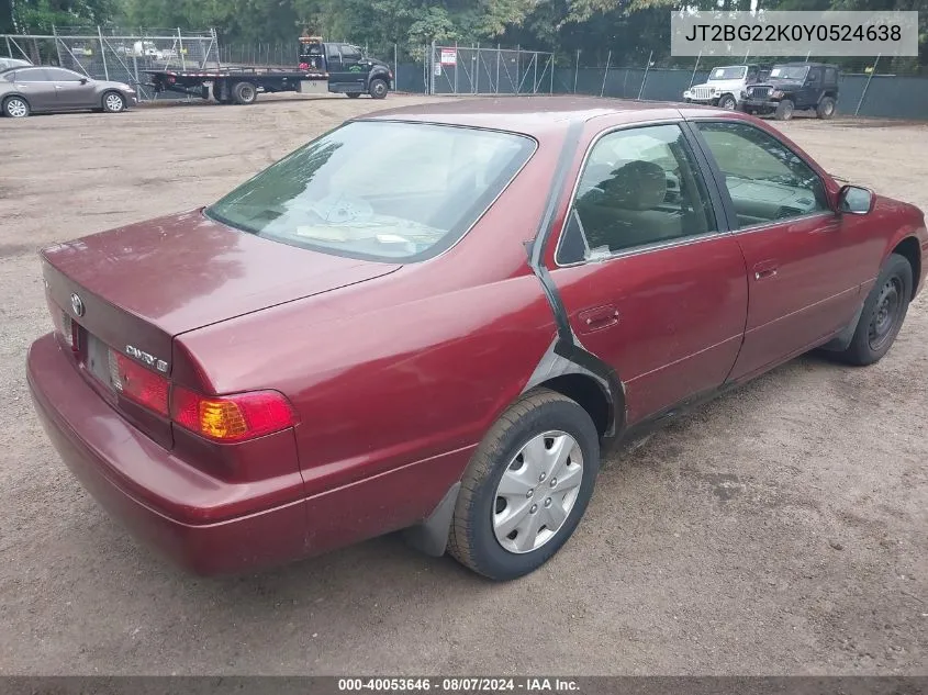 2000 Toyota Camry Le VIN: JT2BG22K0Y0524638 Lot: 40053646