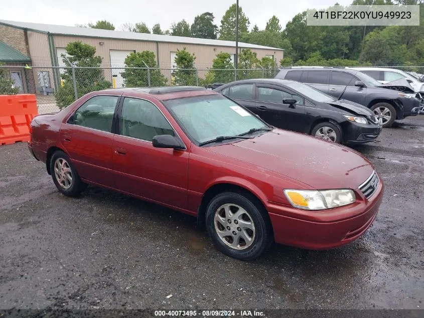 2000 Toyota Camry Le V6 VIN: 4T1BF22K0YU949923 Lot: 40073495