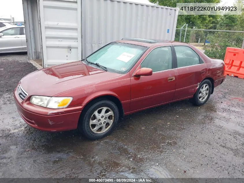 2000 Toyota Camry Le V6 VIN: 4T1BF22K0YU949923 Lot: 40073495