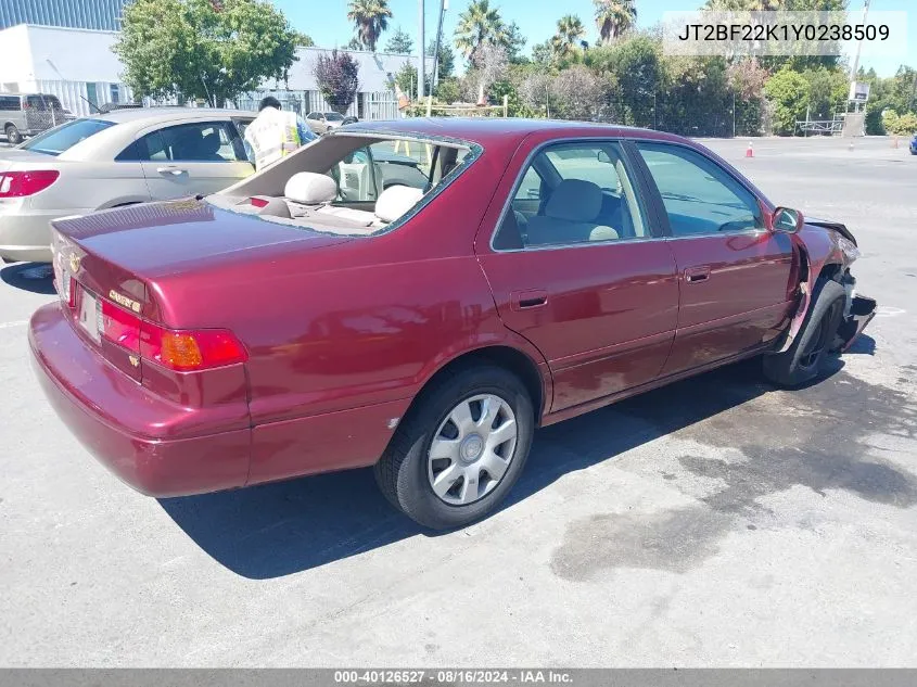 2000 Toyota Camry Le V6 VIN: JT2BF22K1Y0238509 Lot: 40126527