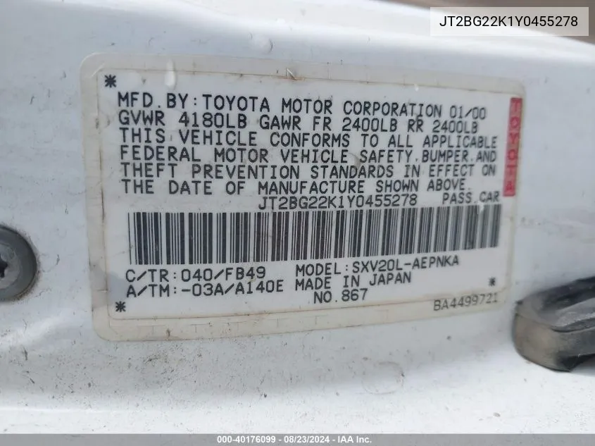 2000 Toyota Camry Le VIN: JT2BG22K1Y0455278 Lot: 40176099