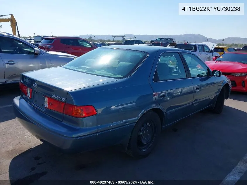 2000 Toyota Camry Le VIN: 4T1BG22K1YU730238 Lot: 40297489