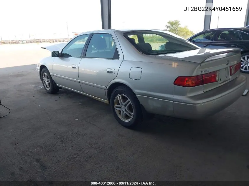 2000 Toyota Camry Le VIN: JT2BG22K4Y0451659 Lot: 40312806