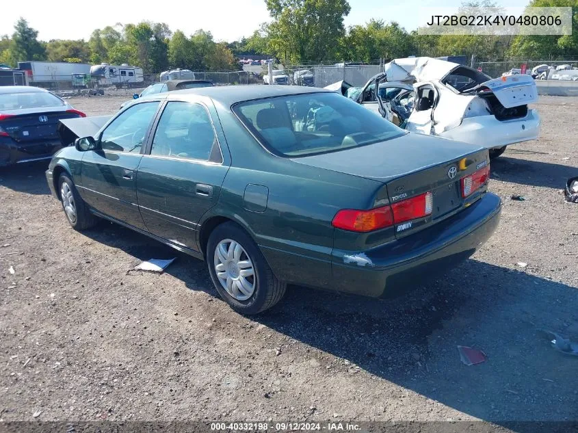 2000 Toyota Camry Le VIN: JT2BG22K4Y0480806 Lot: 40332198