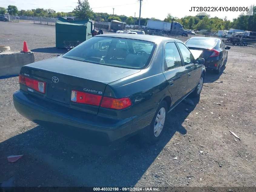 2000 Toyota Camry Le VIN: JT2BG22K4Y0480806 Lot: 40332198