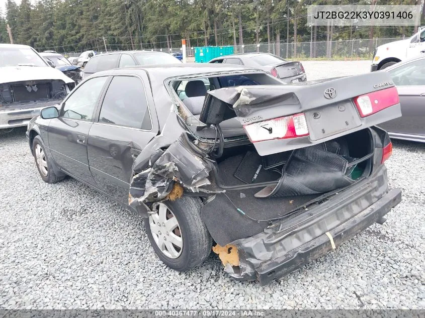 2000 Toyota Camry Le VIN: JT2BG22K3Y0391406 Lot: 40367477