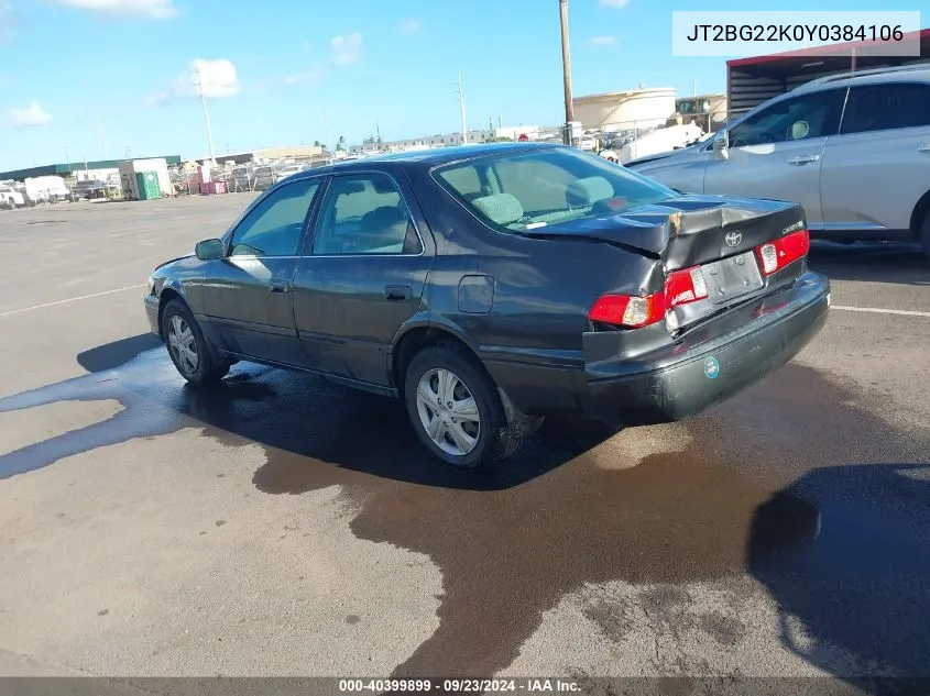 2000 Toyota Camry Ce/Le/Xle VIN: JT2BG22K0Y0384106 Lot: 40399899