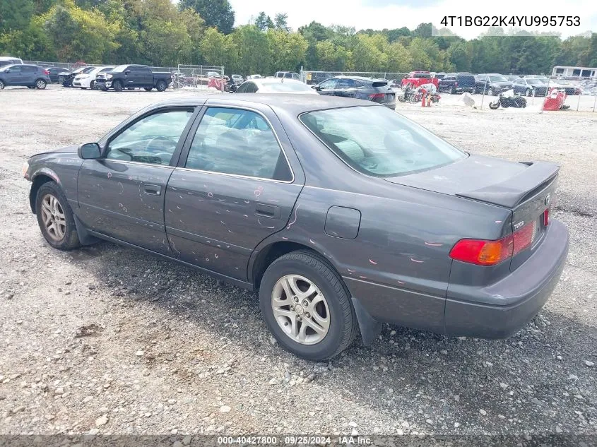 2000 Toyota Camry Le VIN: 4T1BG22K4YU995753 Lot: 40427800