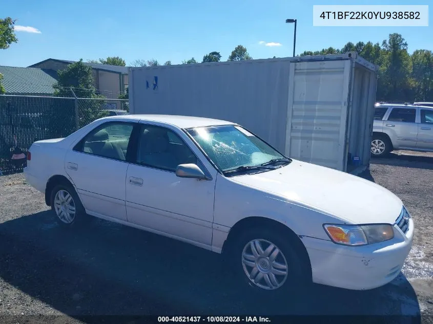 2000 Toyota Camry Le V6 VIN: 4T1BF22K0YU938582 Lot: 40521437