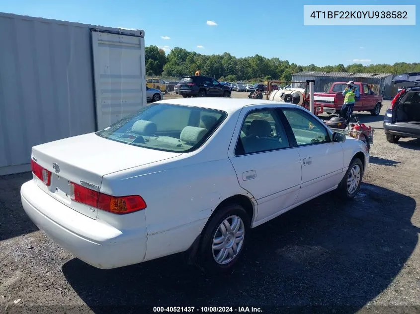 2000 Toyota Camry Le V6 VIN: 4T1BF22K0YU938582 Lot: 40521437