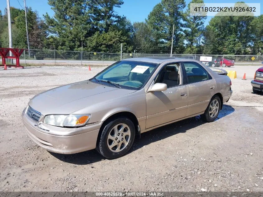 2000 Toyota Camry Le VIN: 4T1BG22K2YU926432 Lot: 40525579