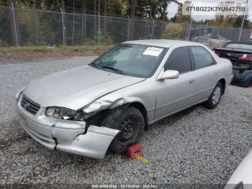 2000 Toyota Camry Ce VIN: 4T1BG22K3YU642758 Lot: 40563836