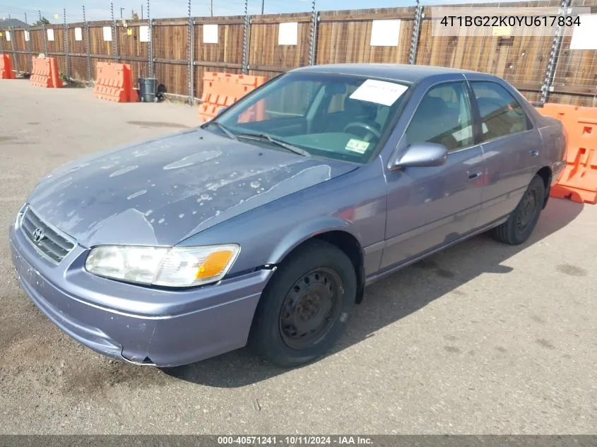 2000 Toyota Camry Le VIN: 4T1BG22K0YU617834 Lot: 40571241