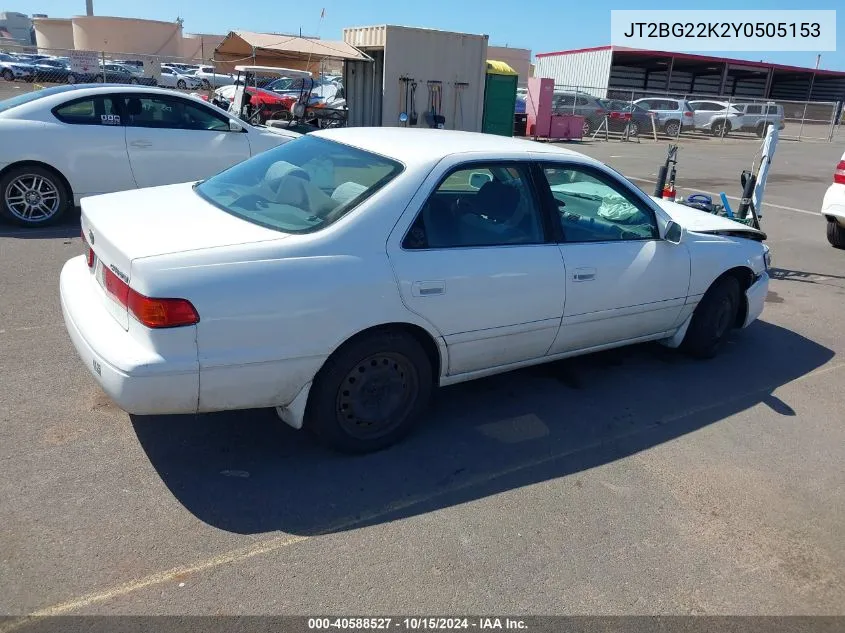 2000 Toyota Camry Ce/Le/Xle VIN: JT2BG22K2Y0505153 Lot: 40588527