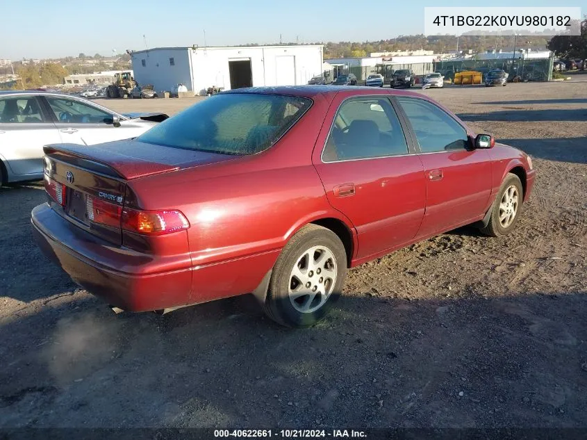 2000 Toyota Camry Le VIN: 4T1BG22K0YU980182 Lot: 40622661