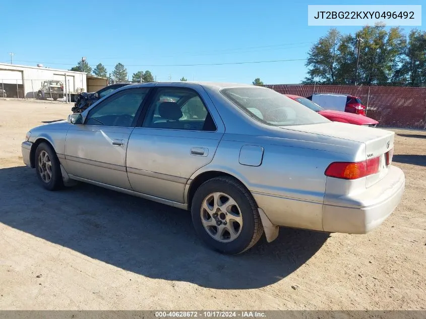 2000 Toyota Camry Le VIN: JT2BG22KXY0496492 Lot: 40628672