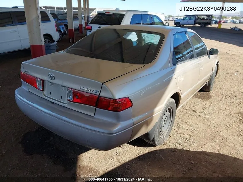 2000 Toyota Camry Le VIN: JT2BG22K3Y0490288 Lot: 40641755