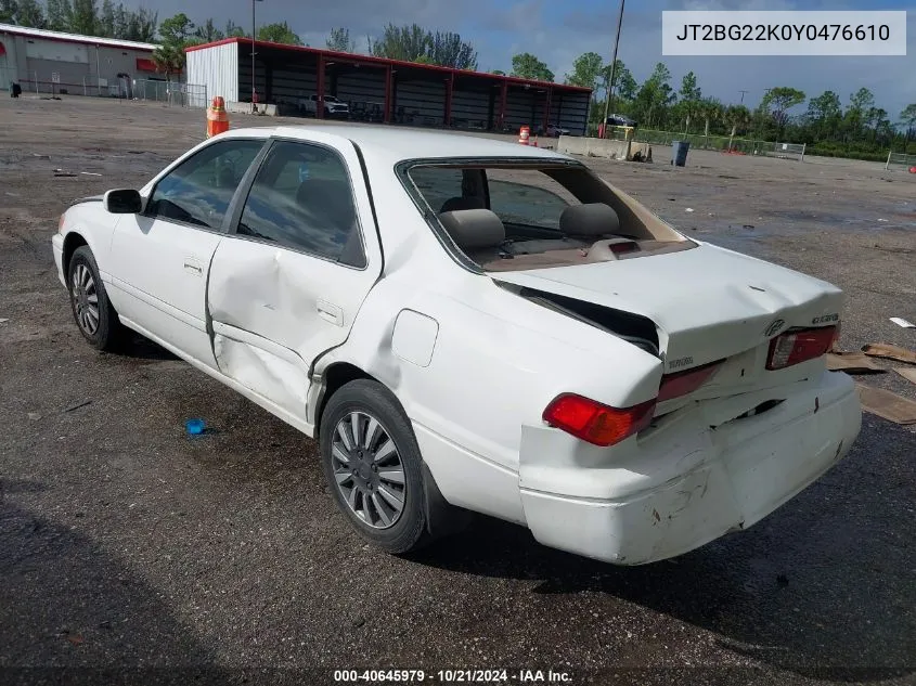 2000 Toyota Camry Ce/Le/Xle VIN: JT2BG22K0Y0476610 Lot: 40645979