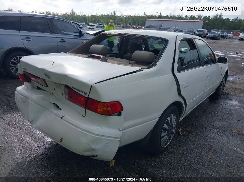 2000 Toyota Camry Ce/Le/Xle VIN: JT2BG22K0Y0476610 Lot: 40645979