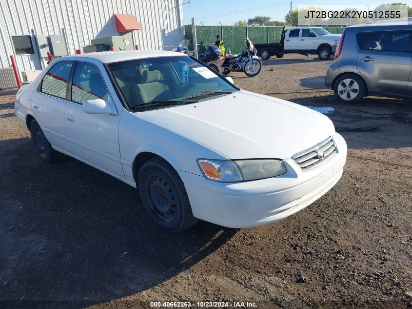 2000 Toyota Camry Le VIN: JT2BG22K2Y0512555 Lot: 40662263