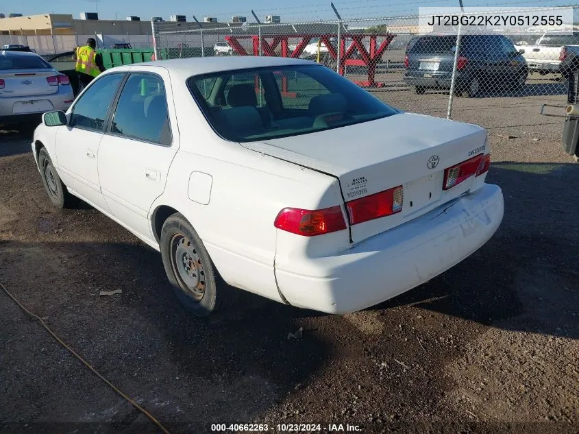 2000 Toyota Camry Le VIN: JT2BG22K2Y0512555 Lot: 40662263