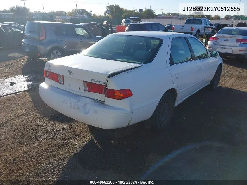 2000 Toyota Camry Le VIN: JT2BG22K2Y0512555 Lot: 40662263