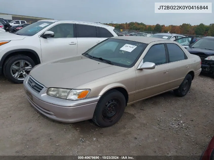 2000 Toyota Camry Le VIN: JT2BG22K0Y0416844 Lot: 40679690