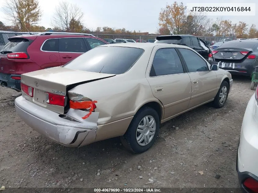 2000 Toyota Camry Le VIN: JT2BG22K0Y0416844 Lot: 40679690