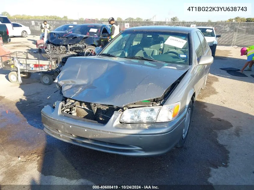 2000 Toyota Camry Ce/Le/Xle VIN: 4T1BG22K3YU638743 Lot: 40688419