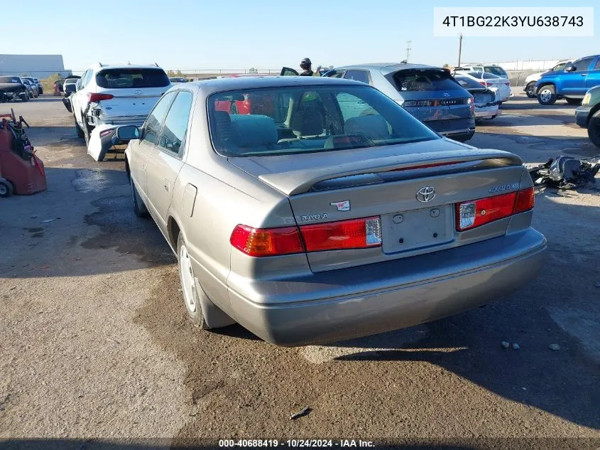 2000 Toyota Camry Ce/Le/Xle VIN: 4T1BG22K3YU638743 Lot: 40688419