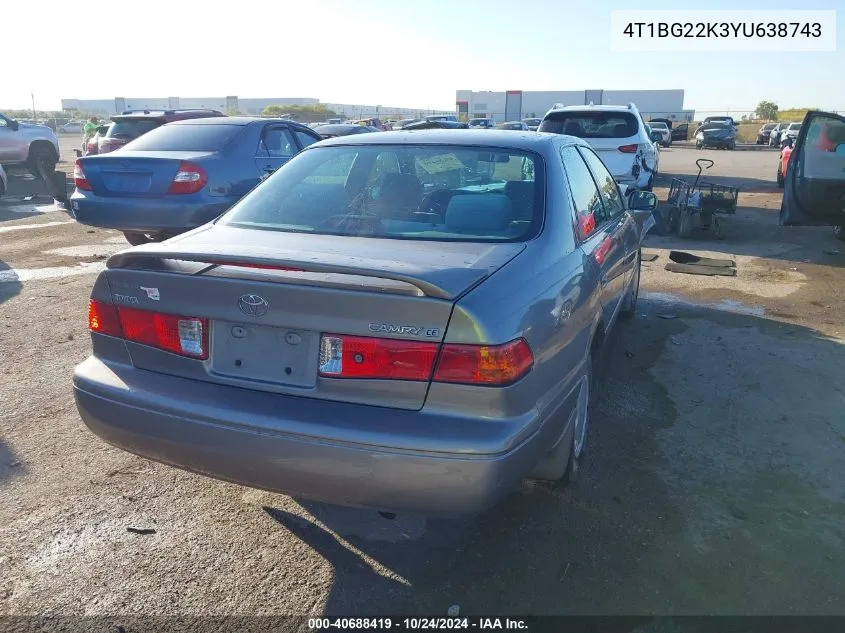 2000 Toyota Camry Ce/Le/Xle VIN: 4T1BG22K3YU638743 Lot: 40688419