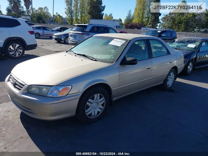 2000 Toyota Camry Le V6 VIN: JT2BF22K7Y0254116 Lot: 40692154