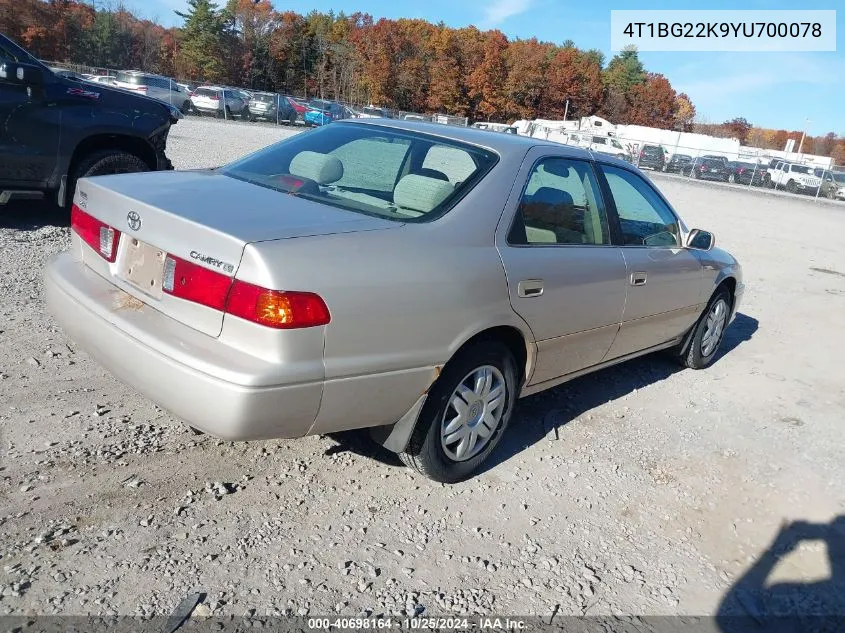 2000 Toyota Camry Le VIN: 4T1BG22K9YU700078 Lot: 40698164