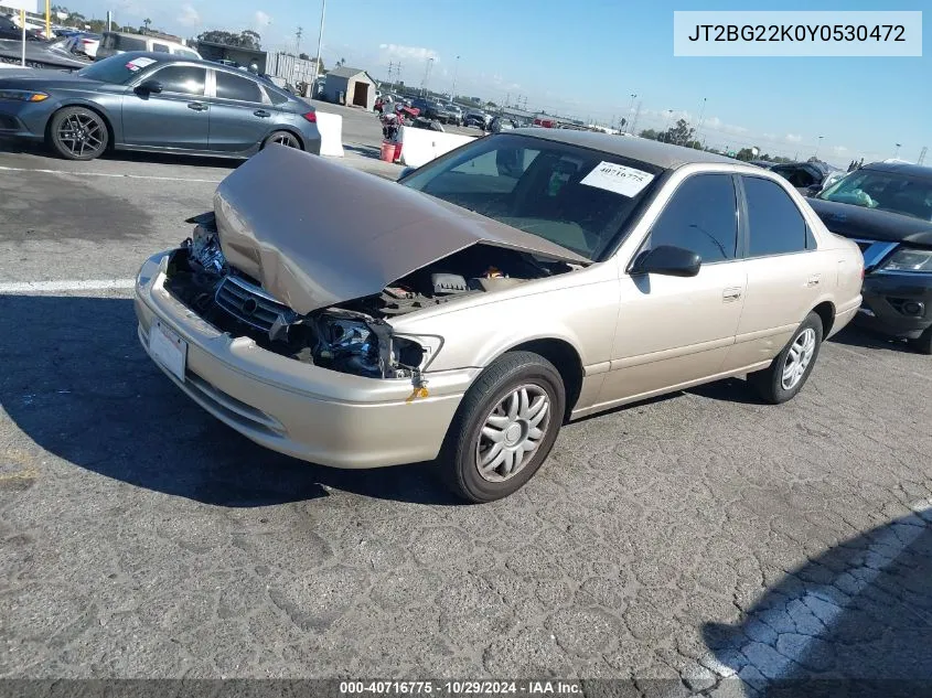 2000 Toyota Camry Le VIN: JT2BG22K0Y0530472 Lot: 40716775