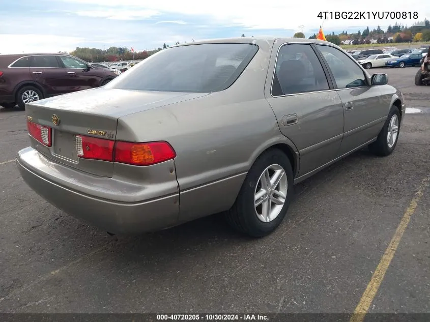 2000 Toyota Camry Ce VIN: 4T1BG22K1YU700818 Lot: 40720205