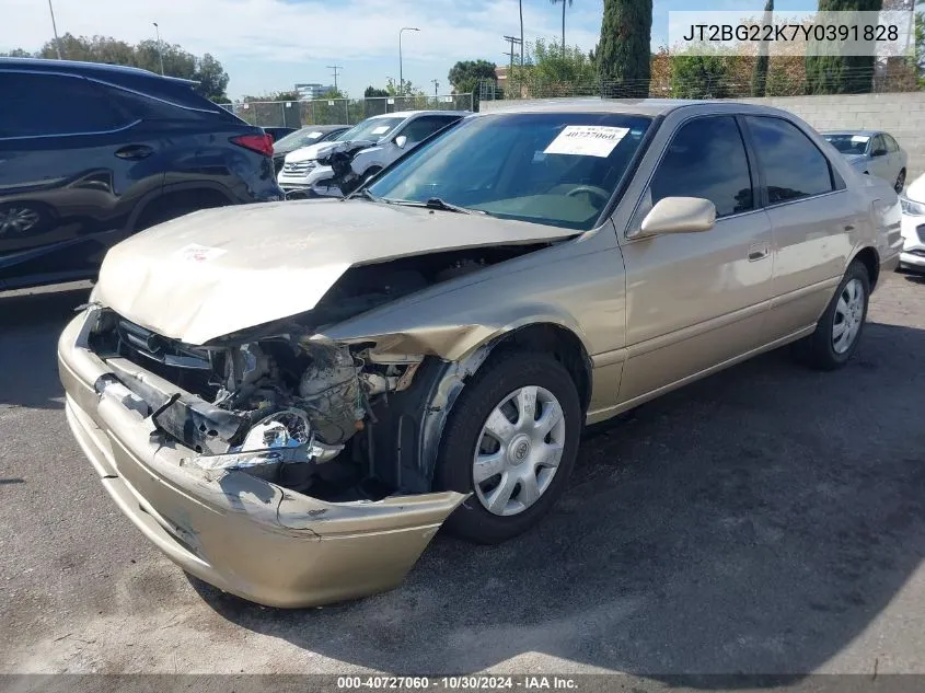 2000 Toyota Camry Le VIN: JT2BG22K7Y0391828 Lot: 40727060