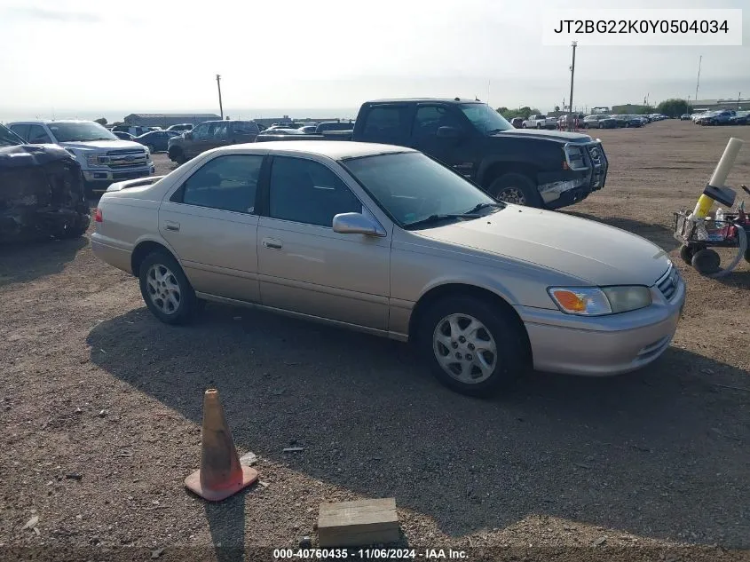 2000 Toyota Camry Le VIN: JT2BG22K0Y0504034 Lot: 40760435