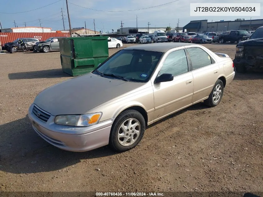 2000 Toyota Camry Le VIN: JT2BG22K0Y0504034 Lot: 40760435