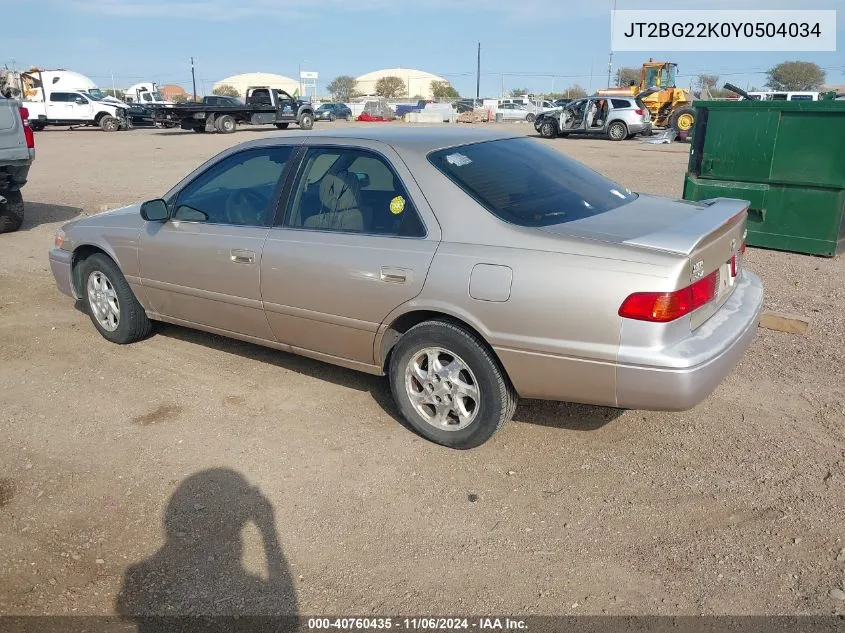 2000 Toyota Camry Le VIN: JT2BG22K0Y0504034 Lot: 40760435